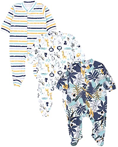 TupTam Baby Jungen Schlafstrampler Langarm Strampler Schlafanzug mit Fuß 3er Pack, Farbe: Koala Safari Streifen Mintgrün Orange Blau, Größe: 50