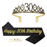 POPOYU 30. Fabulous Geburtstags-Krone Schärpe Set Schwarz Tiara Krone Geburtstags Krone für 30. Geburtstag Deko,Prinzessin Kronen Haar-Zusätze für Frauen Geburtstagsgeschenk Partyzubehör