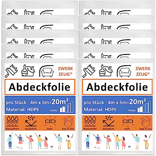 10x ZWERKZEUG® 10 Stück Set je 4m x 5m Maler Abdeckfolie Transparente Staubschutzfolie Plastikplane Allzweck-Folie Malerplane Malerfolie Abdeckvlies Abdeckplane Malerarbeit (Normal x 10 Stück)