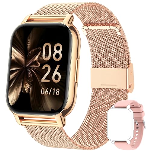 Popglory Smartwatch für Damen, mit Anrufen und Sprachassistenten, 4,6 cm (1,85 Zoll), 2 Bänder, Aktivitätsarmband, Blutdruck, Blutsauerstoff, Geschenk für Herren, Android