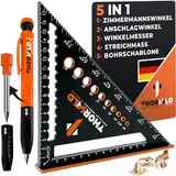 5-in-1 Zimmermannswinkel Winkelmesser Anschlagwinkel - Inkl. Tieflochmarker - Aluminiumwinkel mit 180 mm Schenkellänge zum präzisen Anreißen & Zeichnen/Multifunktional Weihnachtsgeschenke für männer