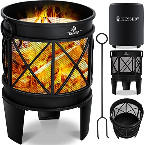 KESSER® Feuerschale Inkl. Abdeckung Feuerkorb mit Funkenschutz & Griffen + Schürhaken Feuerstelle 58 x 45 cm für Garten & Terrasse Metall Antik-Rost-Optik Multifunktional Fire Pit Heizung BBQ schwarz