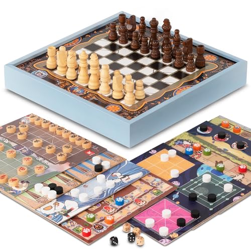 Lingle 16-in-1 Combo-Spielsatz mit Schach, Dame, Backgammon, Chinesisches Schach, Pachinko, Schlangen und Leitern, Gänse-und-Fox-Spiel, Fuchs und Gänse, Gomoku, Tic-Tac-Toe und mehr