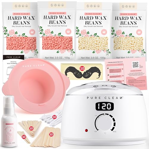 PURECLEAN Waxing Set – Schnell Aufheizender Digitaler Wax Maschine – 4 Packungen Wachsperlen, Nachwachslotion, Silikonschale – 59 Artikel für alle Haartypen – Gesicht, Brazilian Bikinizone, Körper