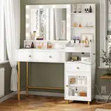 AOGLLATI Weißer Schminktisch mit Beleuchtung in 3 Farben, Schminktisch mit Spiegel und Beleuchtung, Frisiertisch mit Ladestation und einzigartigem Trennungsdesign, 96 x 40 x 142 cm