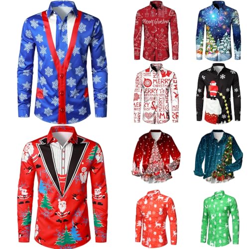 Weihnachtshemd Herren Lustig, Hemd Herren Langarm, Weihnachten Stylisches Freizeithemd Vintage Langarmshirts Niedlich Hemden Outdoor Hawaii Shirt Geschenke Für Männer Weihnachten