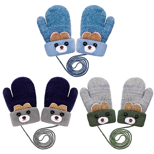 Firtink 3 Paare Baby Winter Handschuhe,Unisex Baby Fäustlinge Baby Kleinkind Gestrickte Handschuhe Cartoon Fausthandschuh Warme Fäustlinge für Baby 0-3 Jahre(One Size Blau)