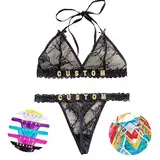 Eumagic Personalisierte Tangas mit Namen BH-Set, Personalisierte Sexy Spitzen-Thongs mit Namen, Personalisierte Unterwäsche Höschen Spitzen-Bikini (Polyester-Mischung, Unterwäsche-Set)