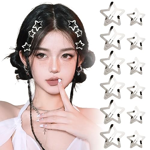 BOFUNX 12 Stücke Stern Haarspangen Silber Y2K Haarschmuck Pentagramm Hair Clips für Mädchen und Frauen, 2 Größe 3cm 4cm