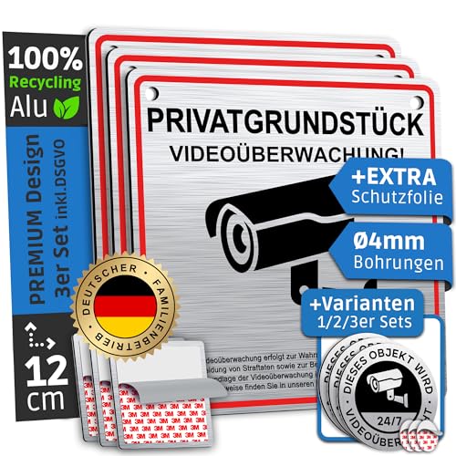 SCHILDERBOXX® 3er Set Schild Videoüberwachung Privatgrundstück [12x12cm, 100% Alu, 3M Tape, 4x Bohrlöcher] - Aufkleber Video Überwachung, Grundstück Kameraüberwacht, Achtung Kameraüberwachung