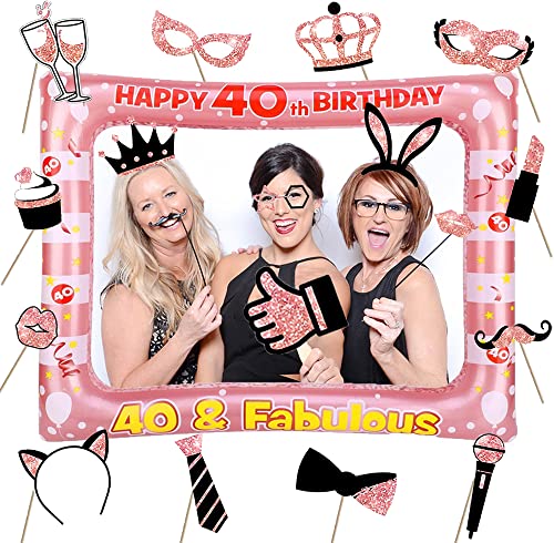 40 Geburtstag Aufblasbarer Bilderrahmen Mit 22 Pcs Foto Requisiten, 40. Photo Booth, Happy Birthday Party Fotobox Accessoires, Rosegold Selfie für Frauen Geburtstag