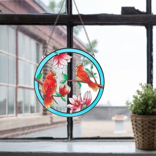 PLIGREAT Flowers Birds Painted Stained Glass Panel Suncatchers Acryl Fenster Wandbehang Ornamente für Schlafzimmer Wohnzimmer Balkon Fenster Wanddekoration Garten Anhänger Dekor