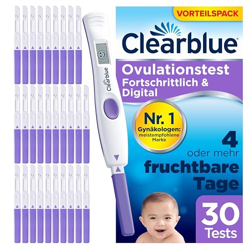 Clearblue Kinderwunsch Ovulationstest Kit, 30 Tests + 1 digitale Testhalterung, Fruchtbarkeitstest für Frauen / Eisprung, Fortschrittlich & Digital (testet 2 Hormone), schneller schwanger werden