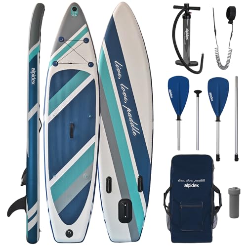 ALPIDEX Stand Up Paddle Set SUP 320 x 76 x 15 cm max. belastbar bis 200 kg Aufblasbar Stabil Leicht Komplett Set Tragetasche Paddel Finnen Luftpumpe Leash Repair Kit, Farbe:Cloud