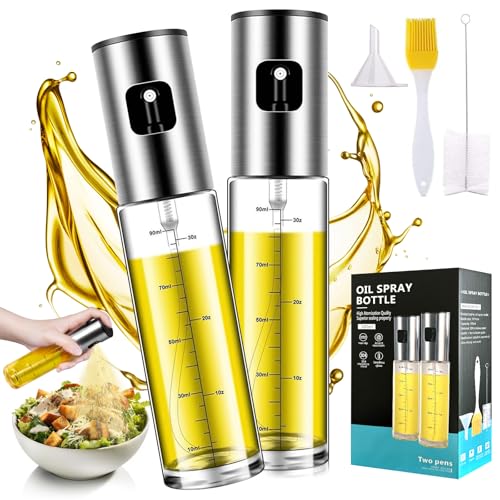 YAMAIDUO 2er Ölsprüher für Speiseöl, 100 ML Öl Sprühflasche aus Edelstahl und Glas mit Skala & Trichter, Multifunktionaler Ölspray für Heißluftfritteuse, Salat, Grillen, Backen, Küchen Gadgets