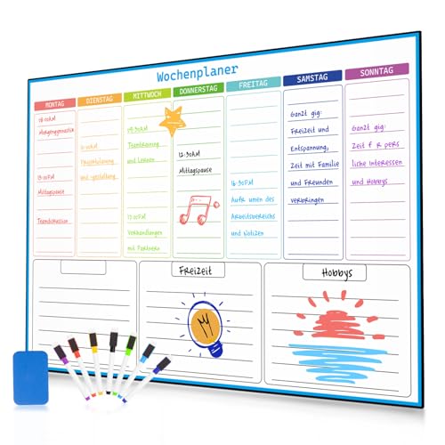 damoguin Abwischbar A3 Wochenplaner Magnetisch für den Haushalt, Einkaufslisten, Essensplaner Woche und Putzplan, Magnettafel Kühlschrank Whiteboard mit 7 Marker und 1 Radierer