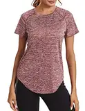 Wayleb Damen Sport T-Shirt Lang Rundhals Sportshirt Oberteile Back Mesh Laufshirt Leicht Atmungsaktiv Funktionsshirt Trainingsshirt Fitness Gym Yoga Tops, Rotwein M