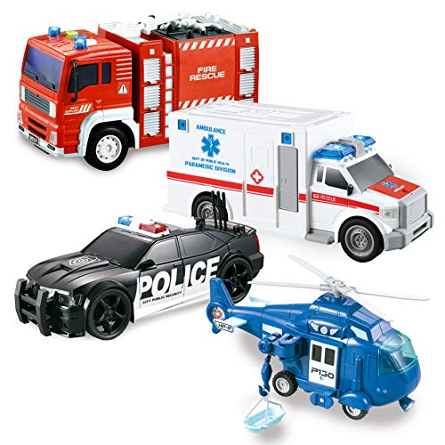 JOYIN 4er Pack Reibungsgetriebenes City Hero Spielzeug mit Feuerwehrauto, Krankenwagen, Polizeiauto und Hubschrauber-Einsatzfahrzeugen mit Licht und Ton, Geschenk für Kinder Jungen