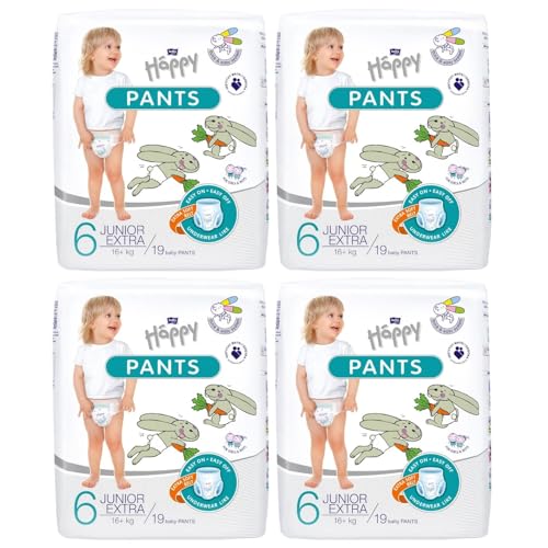 bella baby Happy Pants Gr.6 Junior Extra 16+ kg, 4er Pack (4 x 19 Stück): Höschenwindeln für Kinder, Ideal beim Töpfchentraining, frei von Chlor, Parfüm und Latex