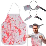 Halloween Messer Haarband und blutige Schürze, 3 Stück Halloween-Kostüm enthält Messer auf dem Kopf Stirnband und Halloween blutige Schürze, Horror Dress Up für Frauen Männer Erwachsene, Weiß