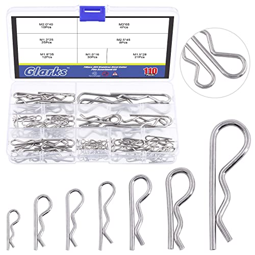 Glarks 110Pcs 304 Edelstahl Haarnadel R Clips Kit 7 Size R Cotter Pins Sortiment für Automobil, Mechanik, Autogarage, Power Equipment, Autos, LKWs, Rasenmäher, kleine Motorreparatur