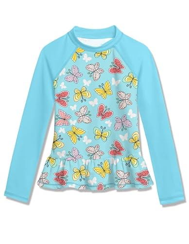 BesserBay Mädchen Badeshirt Kinder UV Shirt Blau Langarm UPF 50+ Sonnenschutz Rüschensaum Rash Guard 110