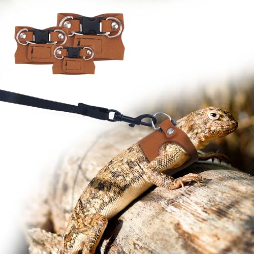 3 Teiliges Geschirr für Bartagamen, Verstellbares Geschirr aus Weichem Leder für Eidechsen mit Einziehbarem Zugseil Laufweste für Kleintiere Leine für Reptilien Eichhörnchen Eidechsen