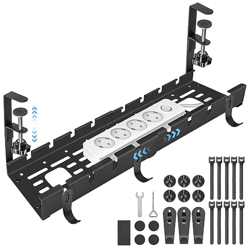 GUOOUG Kabelkanal Schreibtisch Schwarz Ohne Bohren, Einziehbar 28,5-55CM Kabelmanagement Schreibtisch, Verstellbarer Metall Kabelhalter Kabelwanne Kabel Organizer Tisch, Kabelkorb Klemmbar für Büro