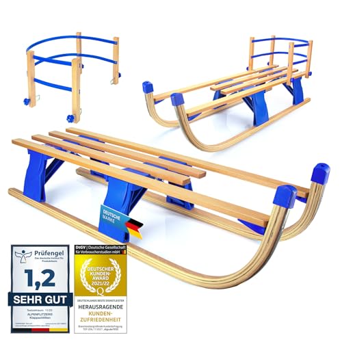 Alpenflitzer® Holzschlitten 110 cm Davoser Rodel Faltbarer Klappbarer Kinderschlitten; Premium Holz-Schlitten aus Buchenholz Klappschlitten (Modell 2025)