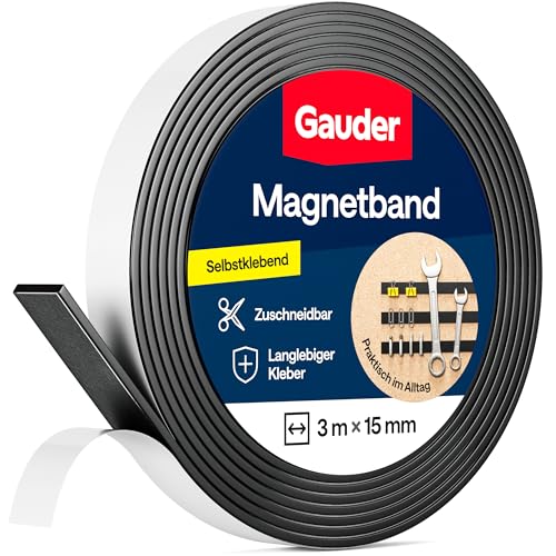 GAUDER Magnetband selbstklebend stark - Magnetstreifen zuschneidbar mit hoher Haftkraft - Magnetklebeband mit starkem Kleber - Magnetklebestreifen mit optimierter Magnetkraft (3 m x 15 mm)