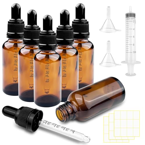 Brevanza 6 stück pipettenflasche 30ml mit Trichter, flasche mit pipette, braunglasflasche mit Dropper Pipette, Perfume Bottle With Dropper, tropfflasche mit Etikett, für ÄTherische öLe, ParfüMerie