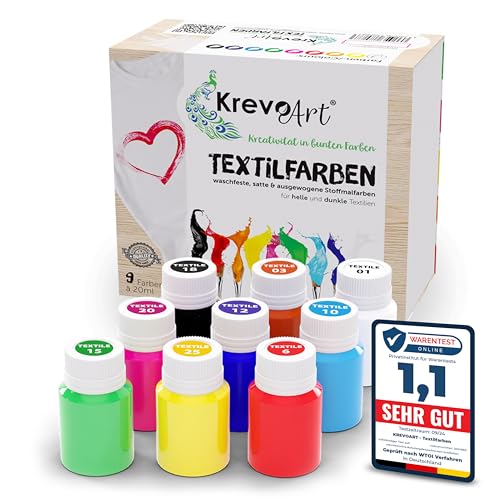 Krevo Art Stoffmalfarben Textilfarben Waschfest | Set aus 9 x 20ml Stofffarben in Fläschchen | Zum Bemalen von verschiedenen Textilien