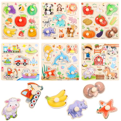 NewZC Greifpuzzle Holz Set 6 Themen Montessori Pädagogisches Holzpuzzle mit Griff Cartoon Steckpuzzle Kleinkinder für Mädchen and Jungen ab 3 Jahre - Obst Bauernhof Insekten Waldtiere Meerestiere Auto