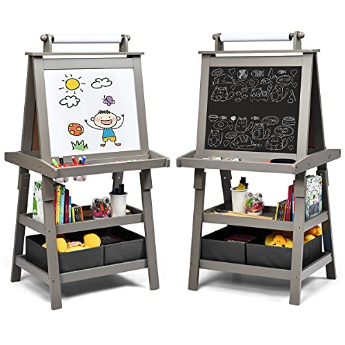 COSTWAY 3 in 1 Kinder Staffelei, Kindertafel doppelseitig, Whiteboard & Kreidetafel & Zeichenpapier, Standtafel inkl. Magneten, 2 Regalebenen Holztafel mit 2 Aufbewahrungsboxen (Grau)