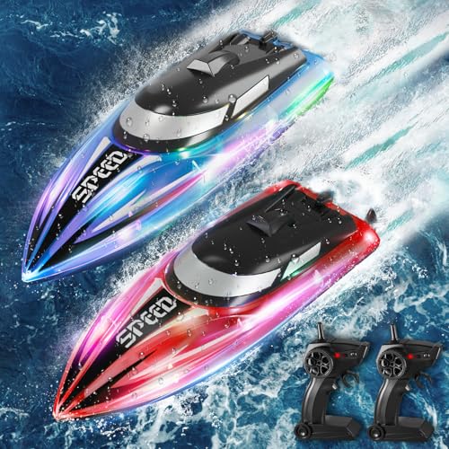 YOOHBERRYS Ferngesteuertes Boot 2 Stück, RC Boot mit LED-Licht für Pools und Seen, 2,4 GHz Ferngesteuerte Boote RC Rennboot, Speedboot Poolspielzeug für Kinder und Erwachsene (Blau + Rot)