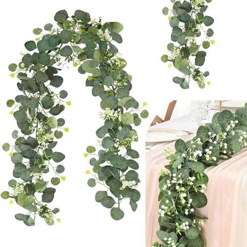 2 Stück Künstliche Girlanden Eukalyptus180cm mit Weidenblättern Grüne Blätter Weiße Blume Girlande Eukalyptus Deko Künstliche Pflanze Hängepflanze für Hochzeitsstrauß, Blume, Heimdekoration