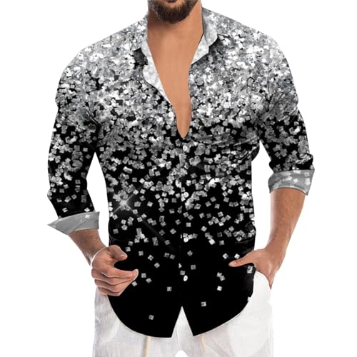 Disco Hemd Herren 70er Outfit Glitzer Hemden Langarm Glänzende Business Shirt Freizeithemden für Männer Party Karneval Kustüm Discokugel Nachtklub Musikfestival Pailletten Silvester Outfit Herren