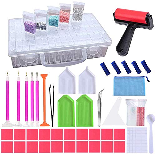 HEPAZ Diamond Painting Zubehör,52tlg DIY 5D Diamond Painting Werkzeug Set,Diamant Malerei Werkzeuge Kits Diamant Stifte Zubehör mit Stift, Pinzette, Taschen,Klebeton,Kunststoffschale (with Roller)