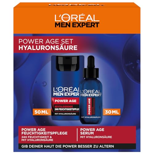 L'Oréal Men Expert Pflegeset gegen Falten für Männer, Geschenkset mit Anti-Aging Gesichtscreme und Serum gegen matte Haut, Geschenke für Herren mit Hyaluronsäure, Power Age, 1 x 50 ml, 1 x 30 ml