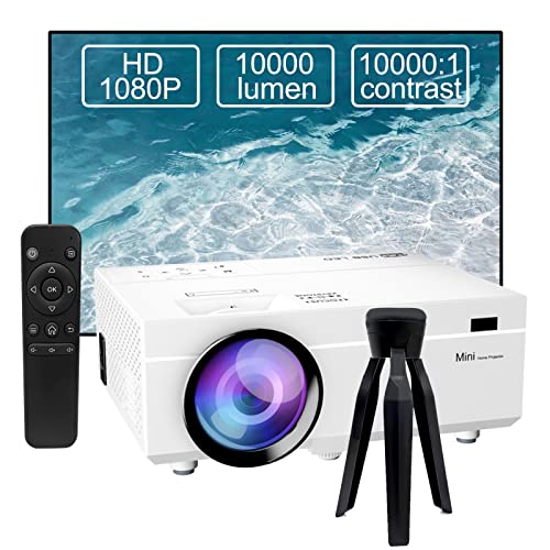 Mini Beamer, Full HD 1080P 10000 Lumen Beamer Unterstützung 4K Video, LED Heimkino Video Beamer 300 '' Display,LCD Beamer kompatibel mit Laptop, TV-Stick, HDMI, VGA, USB, VG, iPhone, Smartphone Weiß