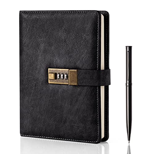 WEMATE Tagebuch mit Schloss, A5 PU Leder Journal mit Schloss 240 Seiten, Vintage Lock Journal mit Stift & Geschenkbox, abschließbares Tagebuch für Frauen & Männer, 8.6x5.8in (Schwarz)