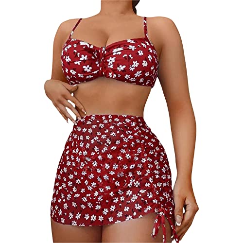 Ydsxlp Dreiteiliger Bikini Set Damen V Ausschnitt Knoten Cut Outs Bikinioberteil Rückenfrei Rüschen Saum Bikini Set Push Up Badeanzug Hoher Taille Bikinihose Sportrock Schwimmrock(B Rot,L)