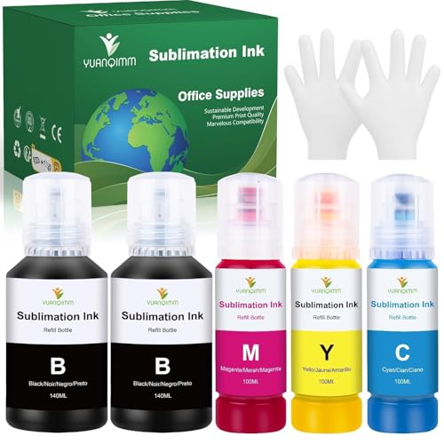 YUANQIMM Sublimationstinte Multipack Kompatibel für Epson ecotank E102 E104 ET-2810 ET-2820 ET-2830 ET-4810 ET-2815 ET-2850 ET-2856 ET2870 ecotank Drucker für Heat Transfer T-Shirts Becher Keramik 5Pk