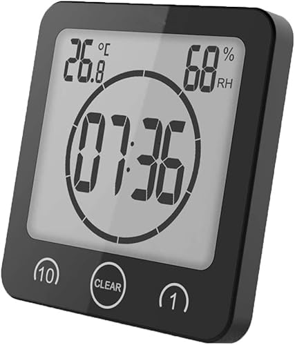 VORRINC Badezimmeruhr Digital Wecker Bad Uhr, Shower Clock mit Saugnapf LCD Display, Baduhr, Luftfeuchtigkeit Temperatur Wanduhren, Countdown Timer Für Dusche Küche (Schwarz)