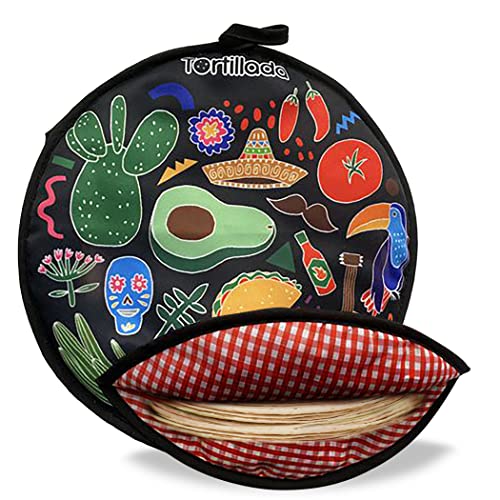 Tortillada - 30 cm Tortilla Wärmer/Wärmebehälter mikrowellengeeignet aus Baumwolle/Polyester (Schwarz)