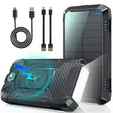 Solar Power Bank 49800mAh, Wireless Powerbank USB C mit 30W PD Schnellladung, 2 Kabeln, 4 Anschlüsse, 4 Ausgänge, 12-LED Taschenlampen, Wasserdichter Externer Akku für Camping, Outdoor (Schwarz)