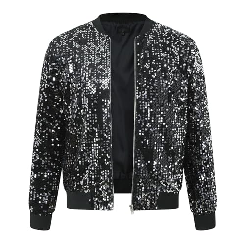 BHXUTK Pailletten Jacke Herren Glitzer Jacket Herren Metallic Pailletten Jacke 70er Baseball Bomberjacke Disco Nachtklub Party Karneval Kostüm Reißverschluss Paillettenjacke für Herren Mäntel