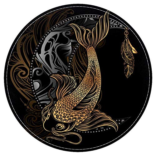 EZIOLY Gold Koi Karpfen mit Lotus und Florid Halbmond, rutschfest, waschbar, rund, Badvorleger für Wohnzimmer, Schlafzimmer, Küche, Baby-Spielzimmer, 40 x 40 cm