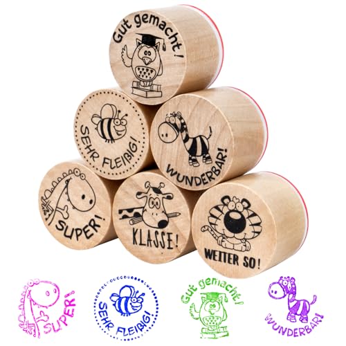 BETESSIN 6 Lehrerstempel Deutsch Stempel Grundschule Holz Stempelset für Lehrer Motivationsstempel Schule Kinder Rund Holzstempel mit Tier-Motiven Motivstempel Biene für Belohnung Motivation