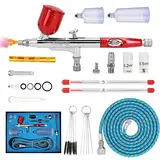 Airbrush Set Dual-Action Airbrushpistole Kit mit 3 Präzisionsdüsen (0,2/0,3/0,5 mm), 3 Farbbehältern, Geflochtenem Luftschlauch und Reinigungsset – Perfekt für Modellbau, Nailart, DIY